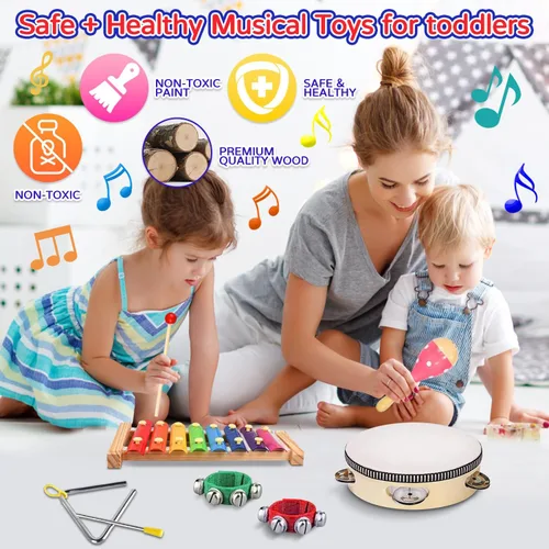 Miniatura 4 de Instrumentos musicales para niños, instrumentos de percusión de madera para niños pequeños, pandereta, xilófono, juguetes para niños y niñas