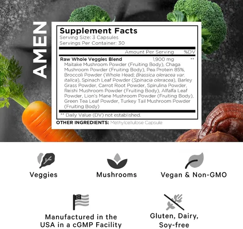 Miniatura 2 de Amen Veggies, Suplemento de vitaminas diarias de verduras, mezcla vegana de verduras y cápsulas multivitamínicas de verduras crudas integrales
