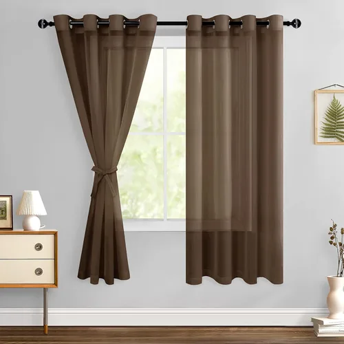 Miniatura 49 de Hiasan - Cortinas traslúcidas de gasa cortas semitransparentes con ojales y alzapaños filtrantes de luz para ventana, dormitorio, baño, 2 paneles