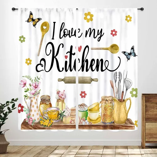 Miniatura 43 de Cortinas Rústicas de Cocina, Tenedor Cuchara Retro Tablón de Madera Granja País Tema de Cocina Citas Divertidas Tratamiento de Ventana