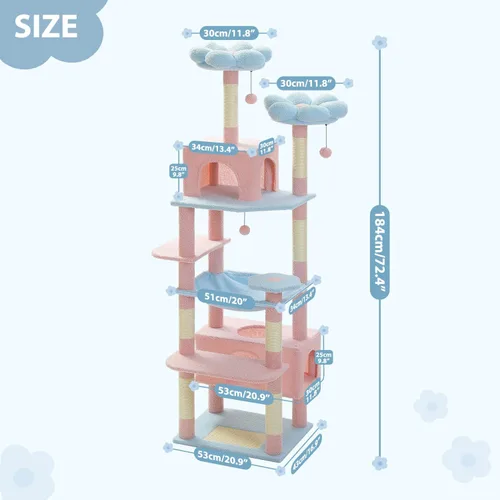 Miniatura 6 de PAWZ Road Árbol de flores para gatos, torre grande para gatos de 72 pulgadas con hamaca de marco de acero y 7 postes rascadores, árbol alto para Azul