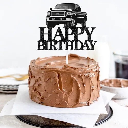 Miniatura 5 de Decoración de pastel de camioneta con temática de feliz cumpleaños, púas de decoración de purpurina negra para adultos, suministros de decoración