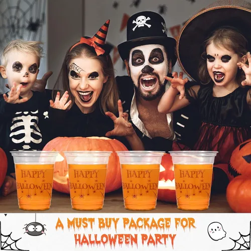 Miniatura 4 de CHENGU Vasos desechables de plástico para Halloween a granel – Vasos de tela de araña de Halloween de 12 onzas, naranja transparente con araña