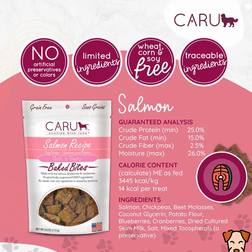 Miniatura 3 de Caru Soft n' Tasty Baked Bites Salmon Bites - Golosinas para perros para entrenamiento, carne real con arándanos y arándanos, bolsas de 4 onzas