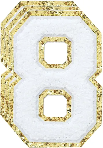 Miniatura 127 de 3 parches de números de chenilla negra, tamaño grande de 4-1/2" parches de números para planchar, parches universitarios para ropa, 8" Borde oro rosa