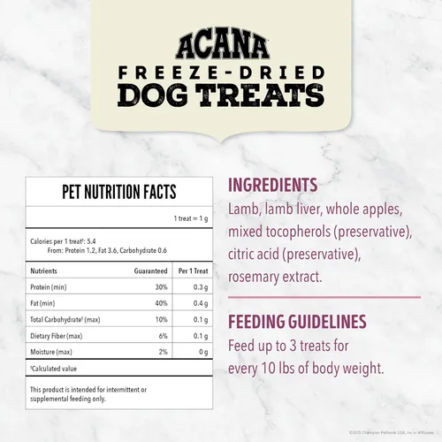 Miniatura 6 de ACANA Singles - Golosinas para perros sin granos con ingredientes limitados y receta de cordero y manzana liofilizada, bolsa de 3.25 onzas