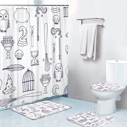 Miniatura 5 de LOKMU Juego de 4 cortinas de ducha con alfombras antideslizantes, cubierta para tapa de inodoro y tapete de baño, esmoquin de animales y gatos