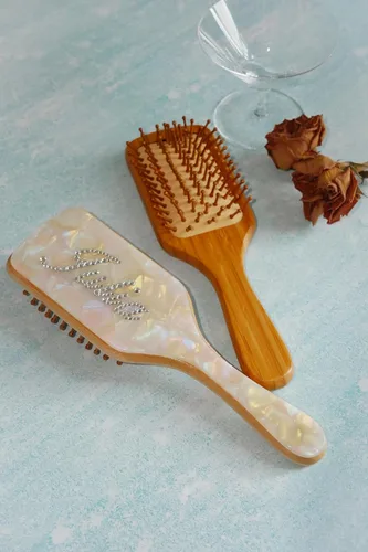 Miniatura 5 de Cepillo de pelo de paleta de bambú, grueso, cerdas de bambú, cepillo desenredante para masajear el cuero cabelludo, mujeres, blanco concha