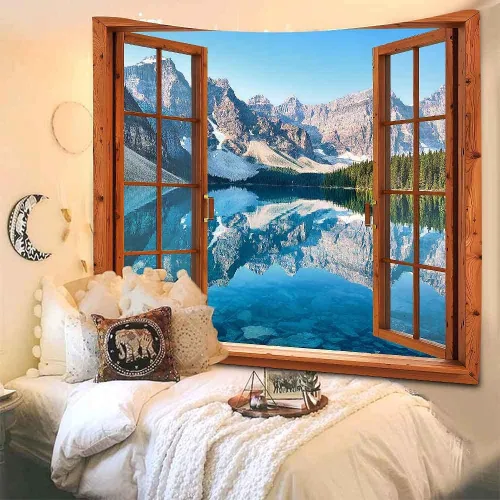 Miniatura 7 de Aidatain Tapiz de ventana de montaña, lago, bosque, escena, paisaje natural, para colgar en la pared, tapices grandes de franela de 84 x 90