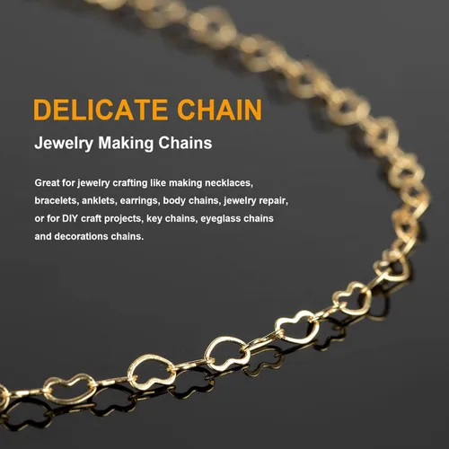 Miniatura 4 de KYUNHOO Cadenas de corazón chapadas en oro de 18 quilates de 16.4 ft de latón macizo a granel, cadena de collar de corazón para mujer, pulsera