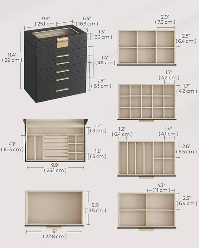 Miniatura 5 de SONGMICS UJBC171B01 - Joyero con tapa de cristal, organizador de joyas de 6 capas con 5 cajones, para gafas de sol y joyas grandes, almacenamiento