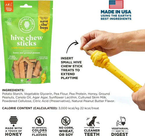 Miniatura 3 de Hive - Palitos masticables – Golosinas dentales para perros – Vegetarianas, hechas con cacahuetes molidos y miel, sin grano ni soja, limpia