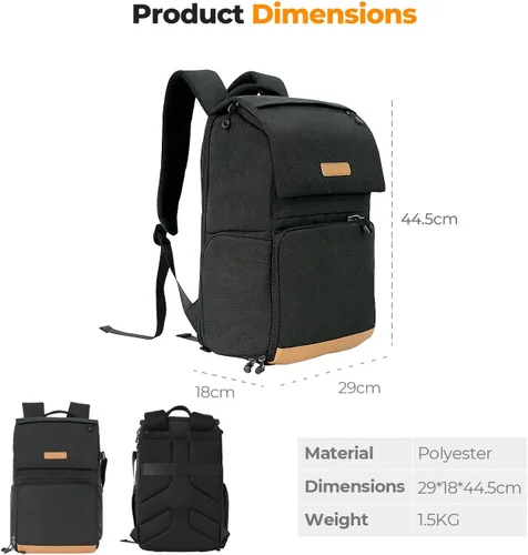 Miniatura 7 de K&F Concept Funda para cámara de 22L para fotógrafos, bolsas de cámara de gran capacidad con cubierta impermeable, compartimento para laptop de 15.6
