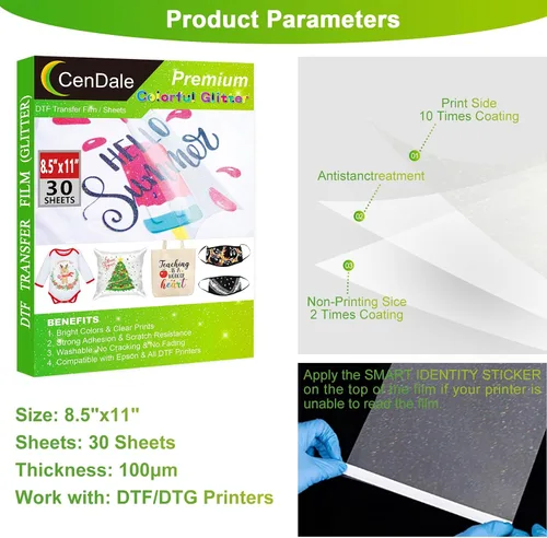 Miniatura 6 de CenDale Película de transferencia DTF con purpurina, 8.5 x 11 pulgadas, 30 hojas de película DTF con purpurina colorida para trucos de sublimación