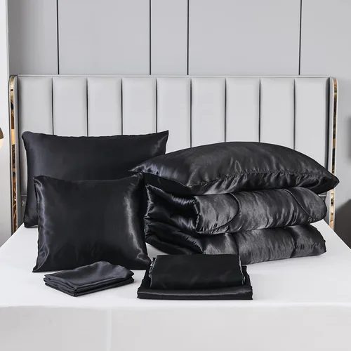 Miniatura 6 de Bedding_Dreamer Juego de edredón sedoso negro de satén en una bolsa, 8 piezas de ropa de cama sedosa de hotel de lujo con 1 edredón, 1 sábana