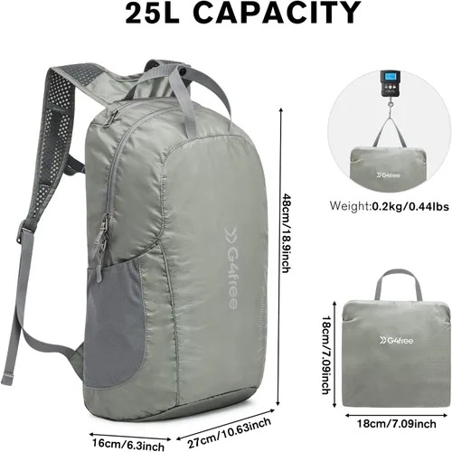 Miniatura 6 de G4Free Mochila de senderismo ligera de 25 litros, plegable, plegable, deportiva, resistente al agua, para mujeres y hombres (verde gris)