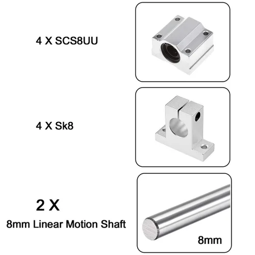 Miniatura 2 de 2 guías de eje de varilla de movimiento lineal de 8 mm x 200 mm con 4 cojinetes de bolas SCS8UU y 4 guías de soporte de riel de aluminio SK8, juego