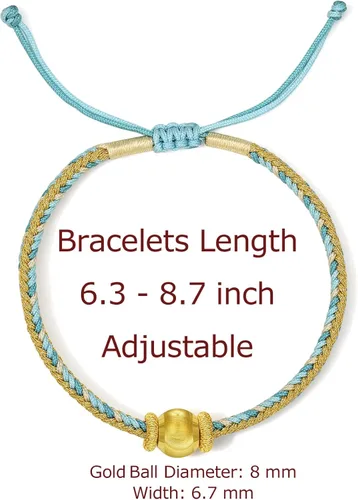 Miniatura 2 de ZHOU LIU FU Pulseras de oro real de 24 quilates, pulseras de la amistad, joyas ajustables de oro sólido con bola dorada, azul, verde, rosa, pulseras