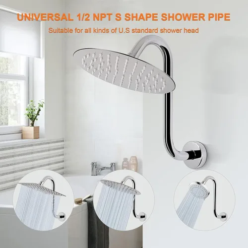 Miniatura 3 de Brazo de ducha en forma de S, tubo de extensión de cabezal de ducha de altura alta, conexión estándar de 1/2 pulgada con brida, impresionante