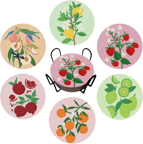 Miniatura 10 de Bulerrylulu Juego de 6 posavasos de pintura de diamantes con soporte, juego de posavasos de arte de diamante de paisaje para bebidas y mesa de café