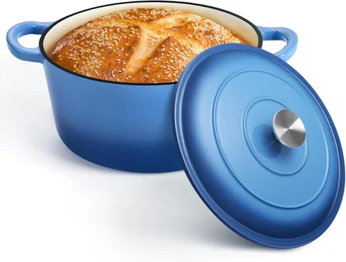 Miniatura 17 de P&P CHEF Horno holandés esmaltado de 5 cuartos de galón, olla holandesa de hierro fundido con tapa para hornear pan, olla esmaltada para asar, Caqui