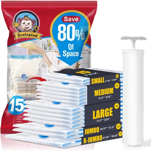Bolsas de almacenamiento al vacío BoxLegend con bomba de mano grande, paquete de 15 (1X-Jumbo, 2 Jumbo, 5 grandes, 5 medianas, 2 pequeñas) Bolsas de