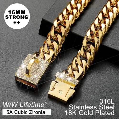Miniatura 5 de Collar de cadena de metal para perro con diseño de hebilla segura, eslabones cubanos dorados fuertes y resistentes a las mordidas para perros