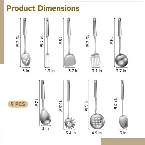 Miniatura 4 de 9 utensilios de cocina de acero inoxidable, utensilios de cocina con mango largo y agujero para colgar, desnatador, cucharón, espátula, cuchara