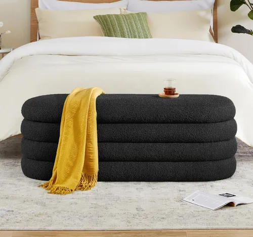 Busaurus Banco Otomán de Almacenamiento de 49.2 Pulgadas, Banco de Almacenamiento de Tela Tapizado para Dormitorio, Pie de Cama, Otomán Ovalado Negro