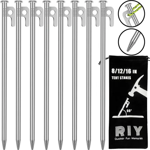 Paquete de 8 estacas de tienda de campaña resistentes de 12 pulgadas de acero para acampar irrompibles e inflexibles Plateado