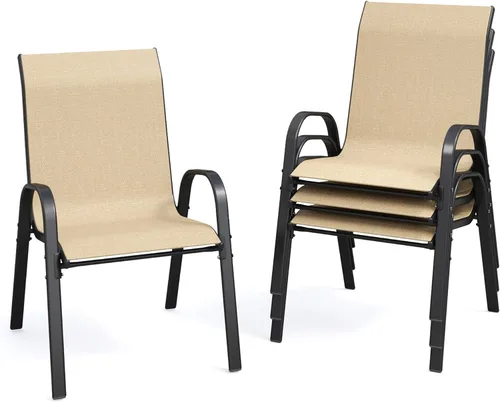 Juego de 4 sillas de comedor para patio, sillas de comedor apilables, respaldo alto, tela de asiento transpirable y marco de acero de aleación para
