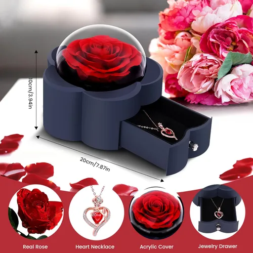 Miniatura 3 de Rosa preservada con collar de corazón, regalo de flor eterna para mamá, esposa, novia, mujer, perfecto para el día de San Valentín, cumpleaños, Rojo