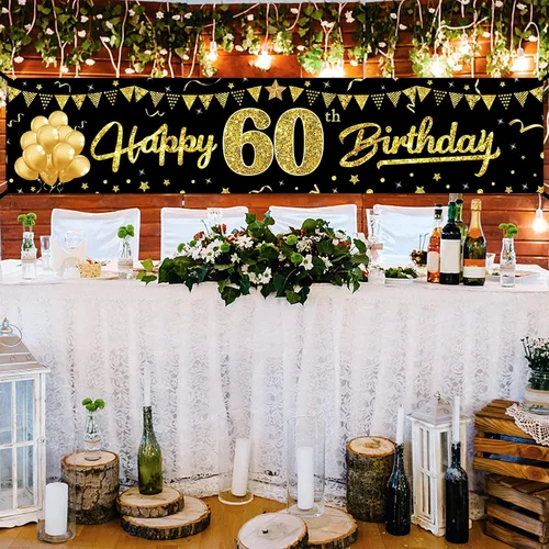 Miniatura 4 de Cartel de feliz cumpleaños 60 para hombres y mujeres, letrero de cumpleaños número 60 negro y dorado, suministros de fiesta para patio, divertida
