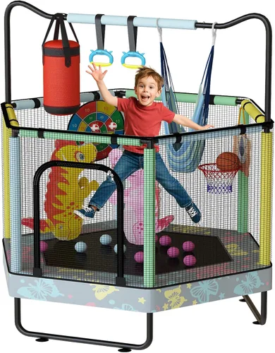 Miniatura 13 de LAMERGE Trampolín redondo 7 en 1 de 55 pulgadas para niños y niñas de 1 a 8 años, trampolín para interiores y exteriores para diversión, barandilla