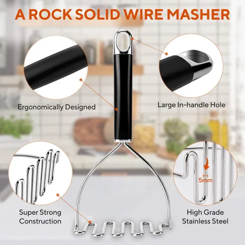 Miniatura 2 de Triturador de papas, gran herramienta de cocina de acero inoxidable resistente, triturador de alambre de metal profesional para frijoles, aguacate