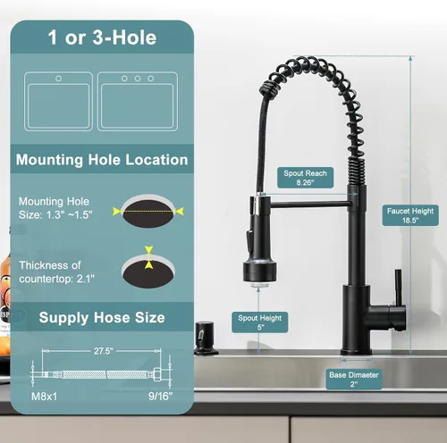 Miniatura 2 de GIMILI Grifo de cocina negro con dispensador de jabón, rociador extraíble de un solo orificio, grifo LED, adecuado para casas de campo, RV, Negro