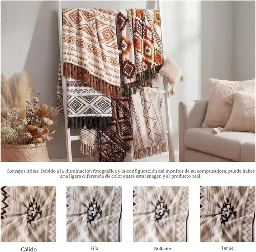 Miniatura 9 de CASAAGUSTO Manta Boho - Mantas Decorativas Beige y Gris con Borla, Manta Bohemia de Franela Estampada para Silla, Cama, Sofá, Sillón