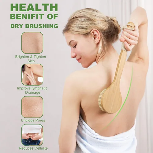 Miniatura 4 de Cepillo corporal de cepillado en seco, cepillo seco de cerdas de jabalí natural, cuerpo exfoliante de bambú, cara, pie, cepillo de limpieza