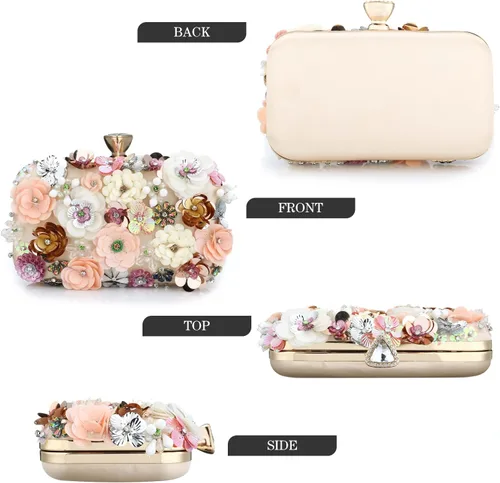 Miniatura 4 de Bolso de mano de noche floral para mujer con diamantes de imitación de metal con flores para mujer, boda, graduación, fiesta, lentejuelas 3D, bolso