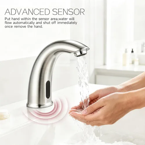 Miniatura 2 de Grifo de lavabo de baño sin contacto, sensor de movimiento automático, manos libres, con placa de cubierta de orificio y válvula de agua de mezcla