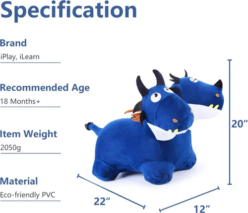 Miniatura 7 de iPlay, iLearn juguetes de animales saltarines para niños pequeños, caballo saltarín de felpa azul, dragón inflable para montar con bomba, saltarín