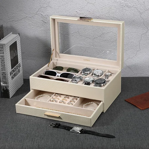Miniatura 6 de LANDICI Caja de reloj para hombres y mujeres, 2 capas de piel sintética, organizador de relojes, caja de almacenamiento grande, caja de joyería