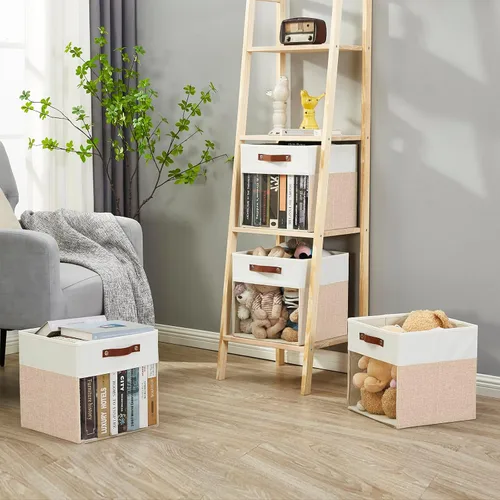 Miniatura 6 de Bagnizer Cubos de Almacenamiento, Paquete de 4 Contenedores de Almacenamiento Plegables de Lino (13 x 13 pulgadas) con Ventana Transparente y Asas