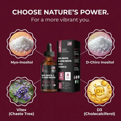 Miniatura 7 de Gotas líquidas de mio-inositol y D-Chiro inositol para mujeres, proporción 40:1, equilibrio hormonal y apoyo al ciclo, Vitex + Vitamina D3, 4 onzas
