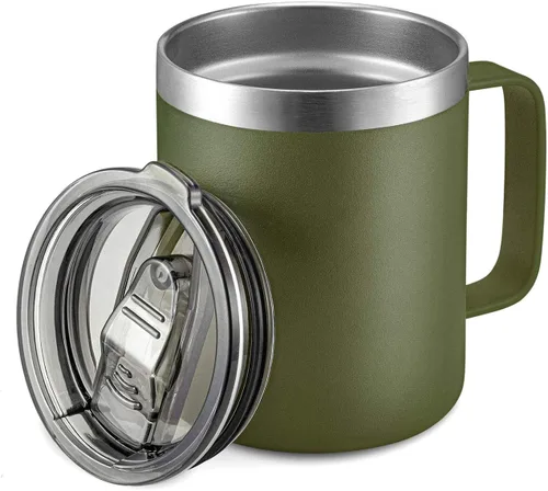 Miniatura 29 de Taza de café aislada de 12 onzas con asa, taza de café de viaje de acero inoxidable con tapa abatible, vaso de café de doble pared con aislamiento