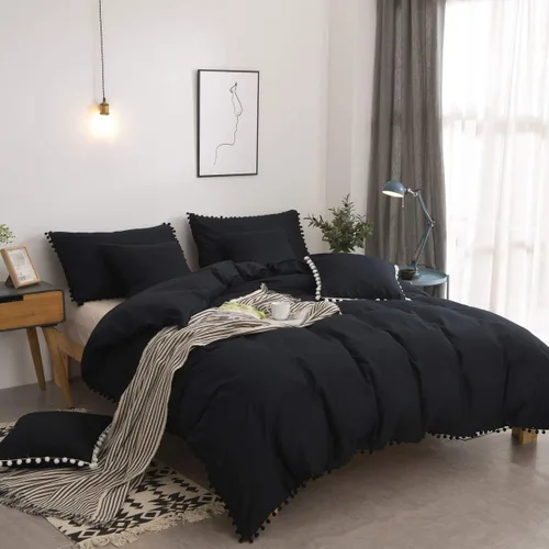 Miniatura 5 de Softta Euro Sham Covers - Juego de 2 fundas de almohada de 26 x 26 pulgadas con pompón negro, estilo étnico, vintage, 100% algodón puro, fundas