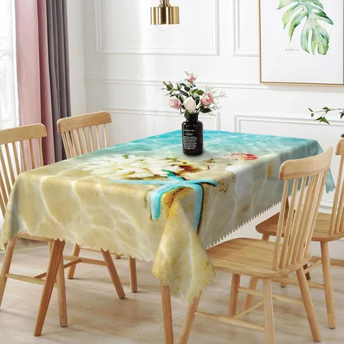 Miniatura 29 de Mantel oblongo, diseño de playa de 52 x 70 pulgadas, diseño de playa con estrellas de mar y olas de mar, con decoración impermeable y resistente a