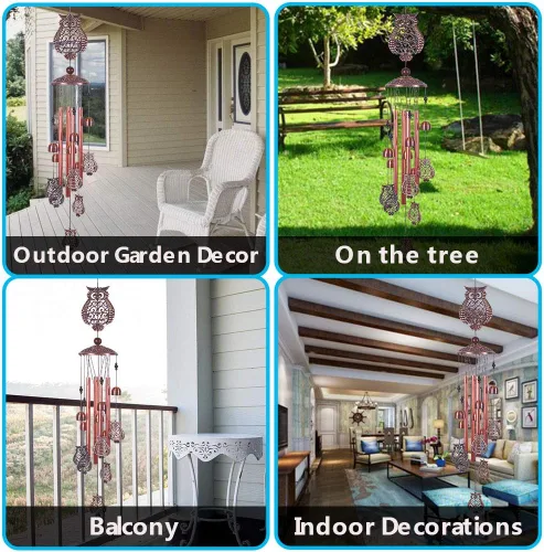 Miniatura 6 de Campanillas de viento de búho para decoración de interiores y exteriores, con 4 tubos de aluminio, 6 campanas, 7 búhos, 37 pulgadas, impermeables