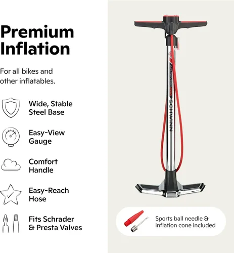 Miniatura 20 de Schwinn Serie Air Center o bomba de piso básica, para una gama de bicicletas, 100, 120 o 160 PSI, mango de agarre suave, cabezal doble para válvulas