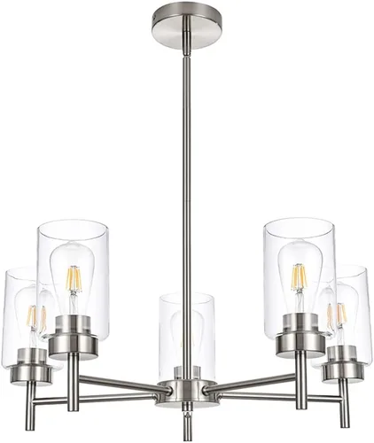 Miniatura 8 de Candelabro de granja de 5 luces para comedor, isla de cocina, modernos candelabros colgantes de latón cepillado con pantallas de vidrio transparente